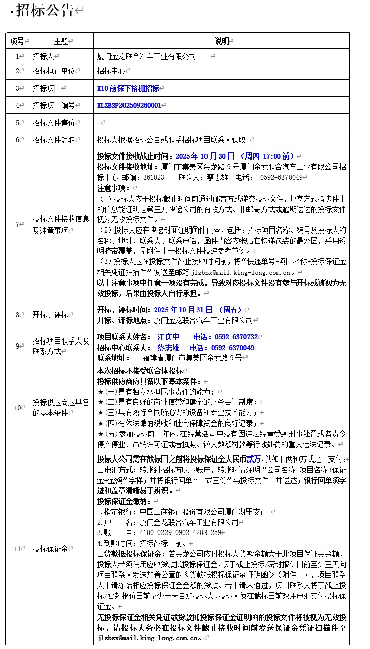 招標(biāo)公告-K10車(chē)型前保下格柵項(xiàng)目（輕商）